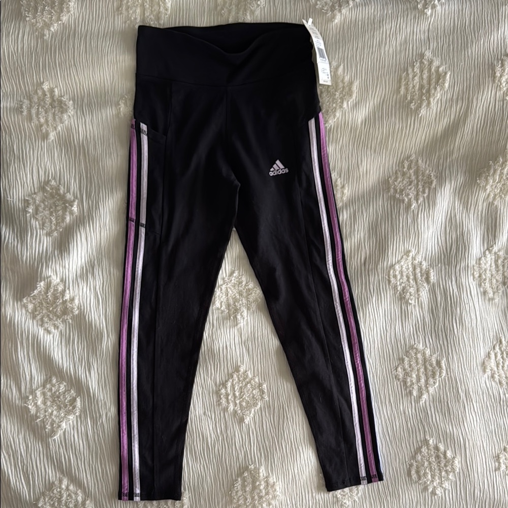 Adidas Kids Black Leggings with Pink Stripes